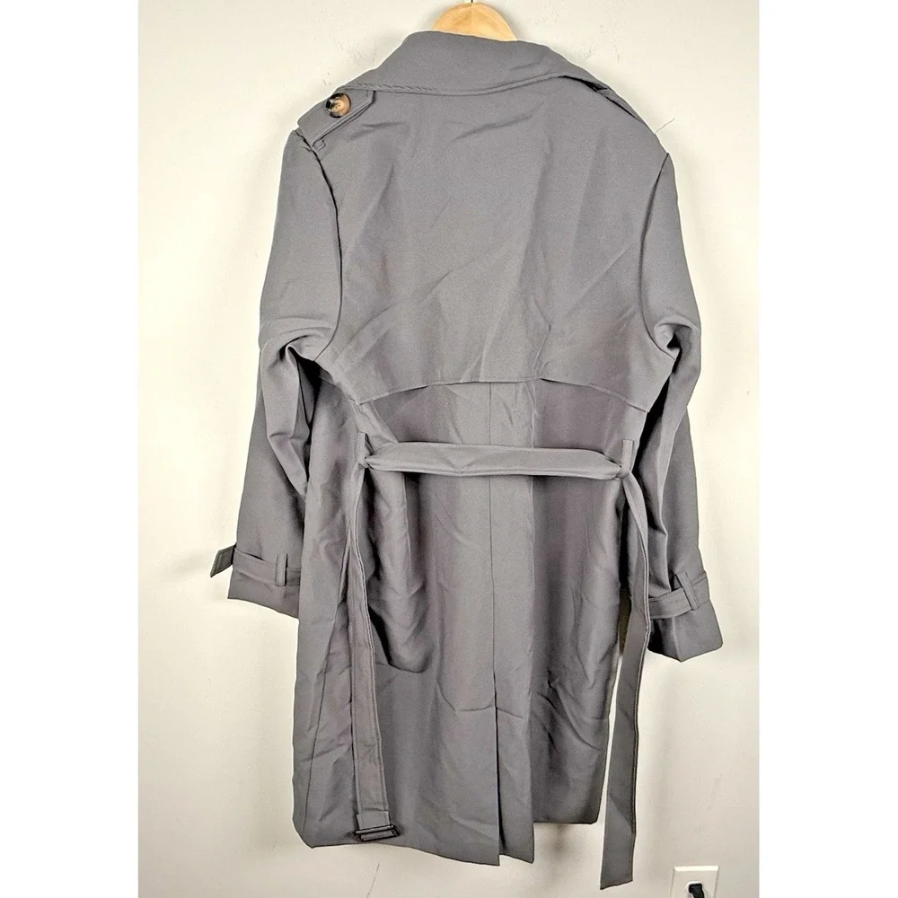 Katch Me Women's L Notch‎ Lapel Double Breasted Belt Trench Coat Gray NEW